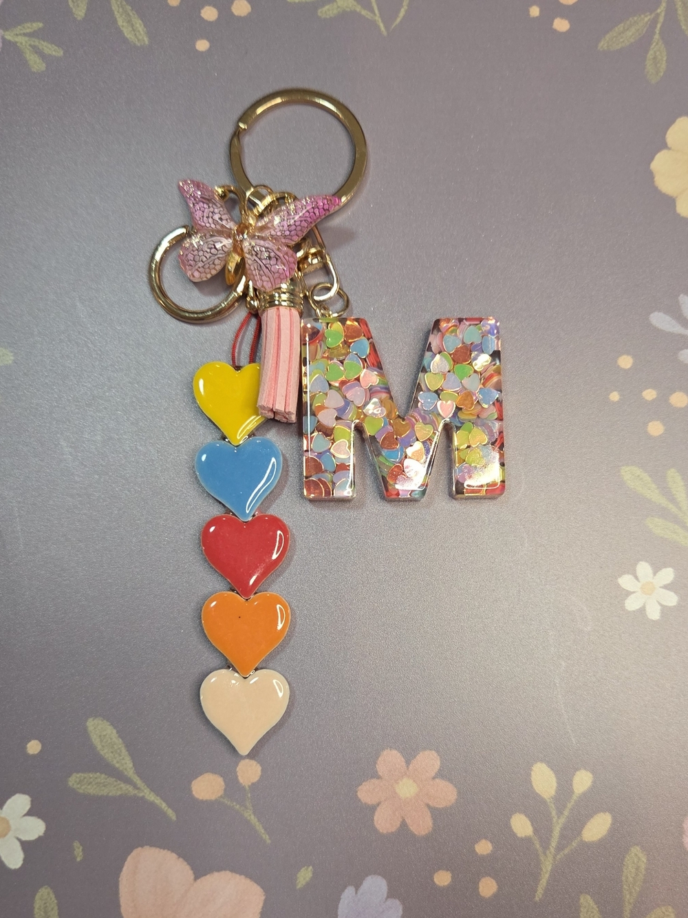 Handmade Colorful Confetti 'M' Keychain Charm with stone hearts!